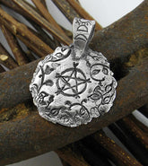 Round Pentacle Surrounded by Vines Pendant, Handmade Metal Clay Silver